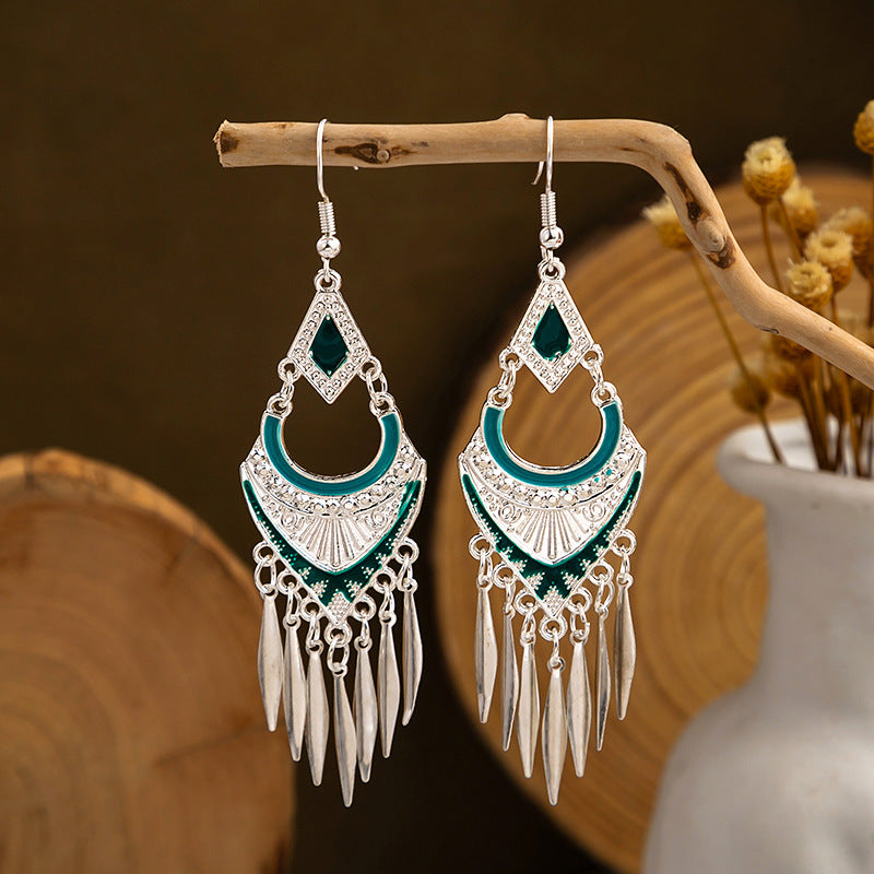 Turquoise & Silver Color Dangle Earrings - Pair - 3 inch - NEW424