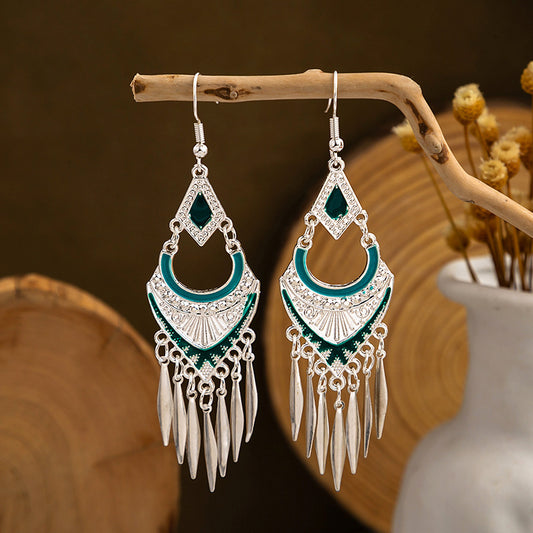Turquoise & Silver Color Dangle Earrings - Pair - 3 inch - NEW424