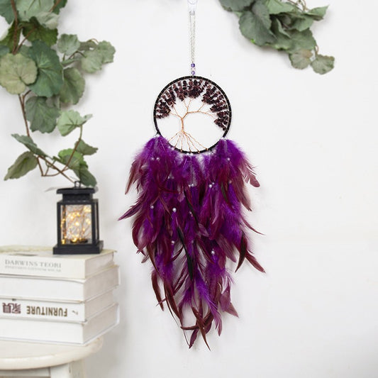Tree of Life Feather Dream Catcher with Velveteen - Purple with Amethyst - 16x57cm long - NEW125
