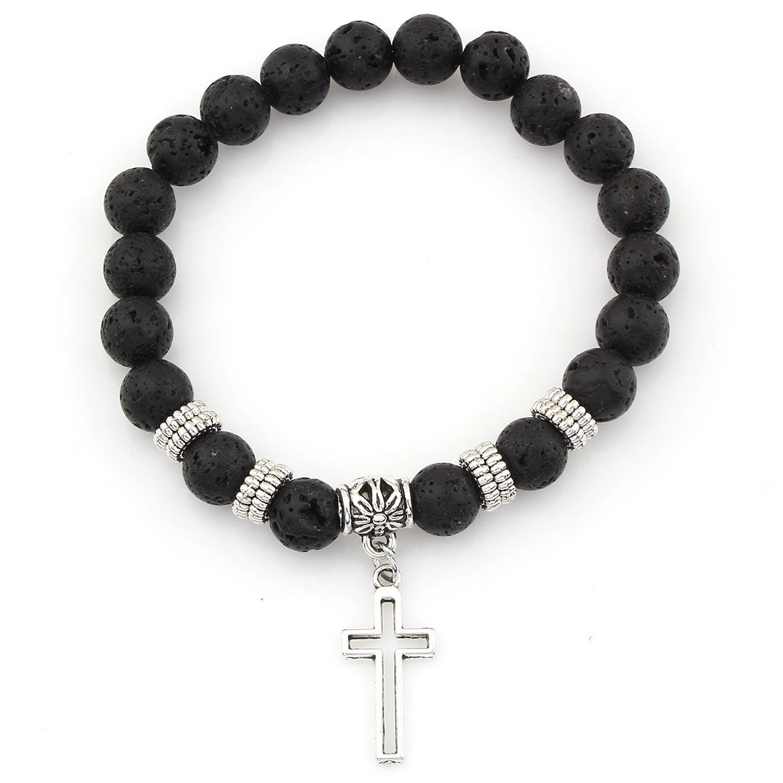 Lava Stone Bracelet - Silver Coloured Spacers & Charm