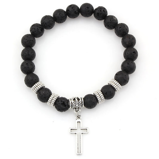 Lava Stone Bracelet - Silver Coloured Spacers & Charm