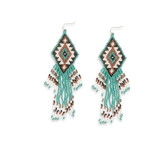 CELTIC Glass Bead EARRING - 4 inch Long - Brown, White & Turquoise - NEW424