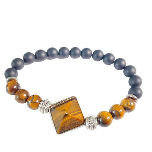 Lava & Black Agate Bead Bracelet with 16mm Tiger's Eye Pyramid Bead – 8mm Black Agate & Lava Beads (Approx. 7 Inches)