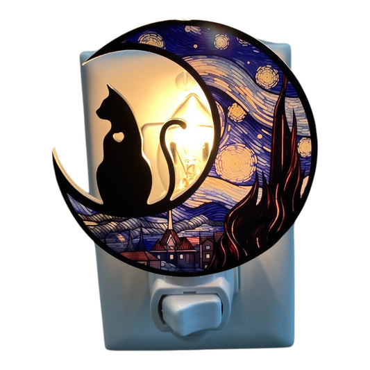 Cat with Blue Sky Stained Glass Plastic Night Light - Made in Canada - NEW125