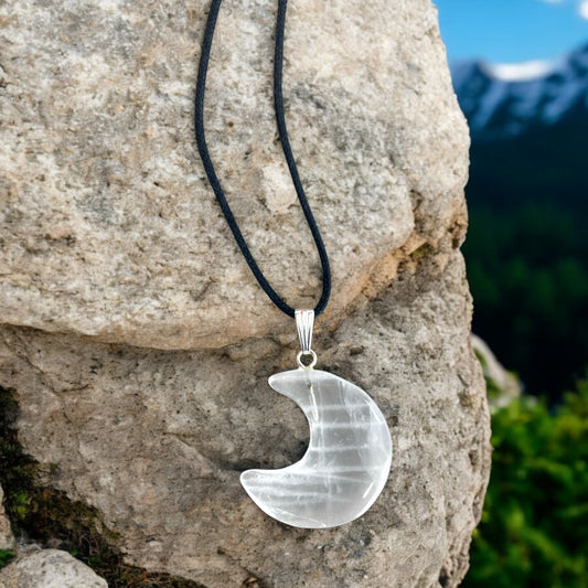 Clear Quartz Moon Pendant 1" with Necklace - NEW225