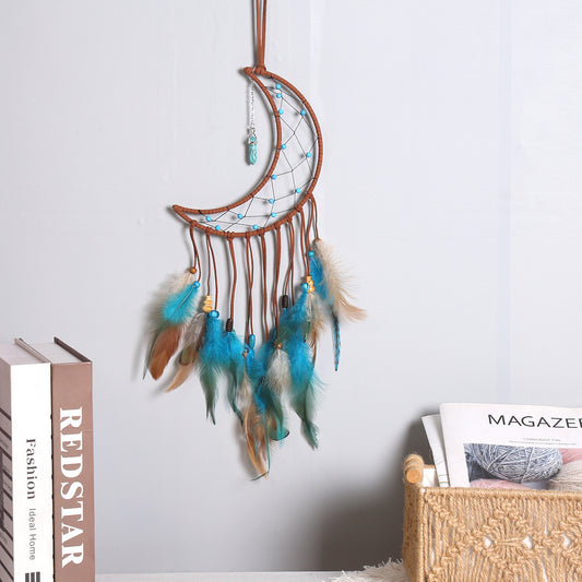 Moon Shape Feather Dream Catcher with Velveteen & Turquoise Howlite - 18x28cm - NEW424