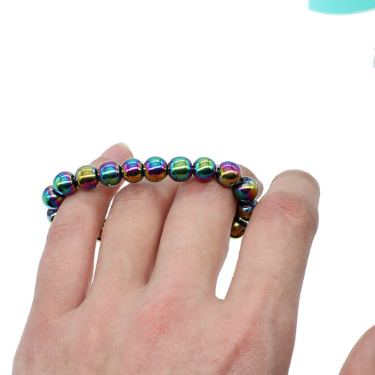 Magnetic Hematite Round Polished Bracelet Rainbow Aura - 8mm beads 23cm - China - NEW1122