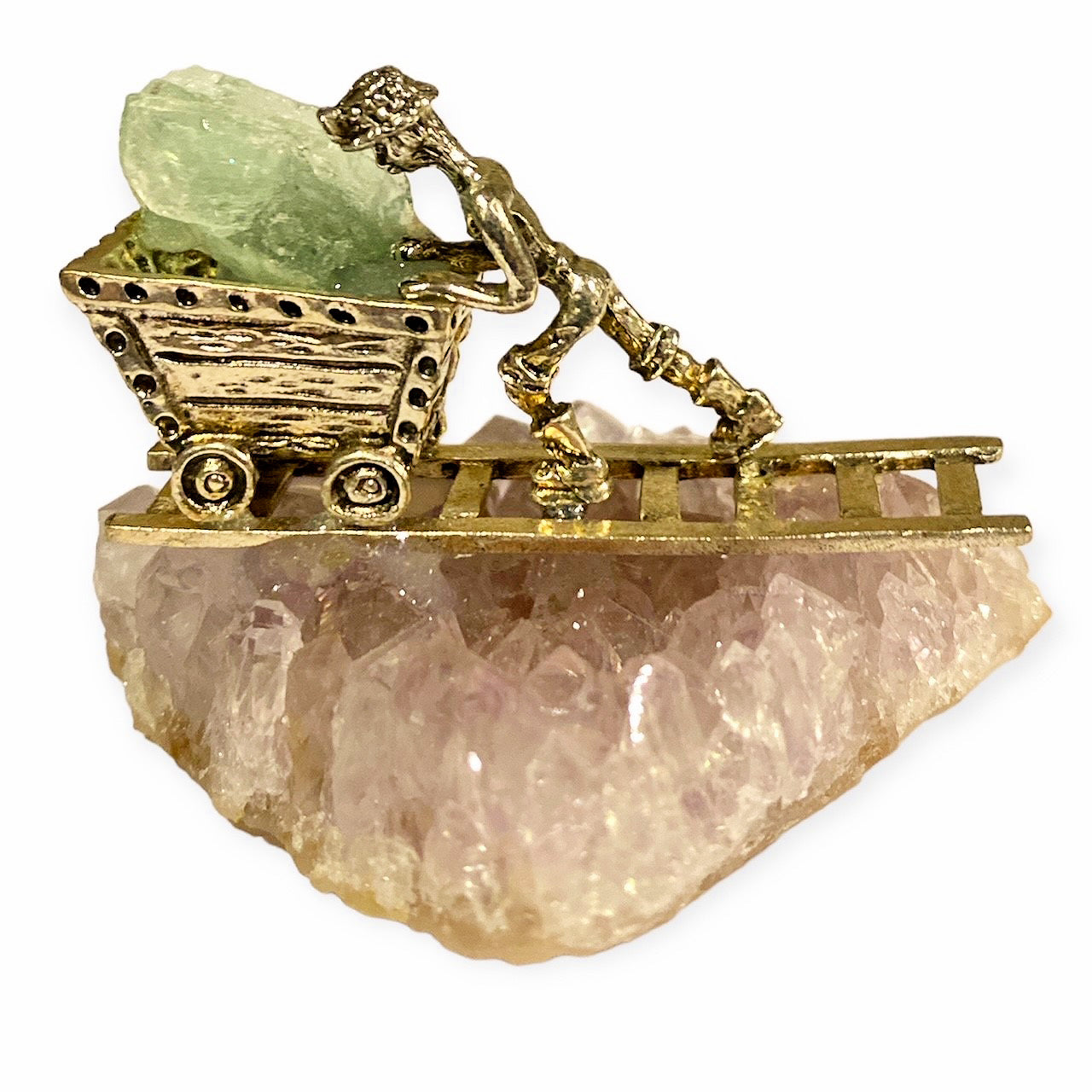 GOLD PANNERS & MINERS ON AMETHYST CLUSTER with Green Fluorite - 6.3 x 4.3 cm - China - NEW1122