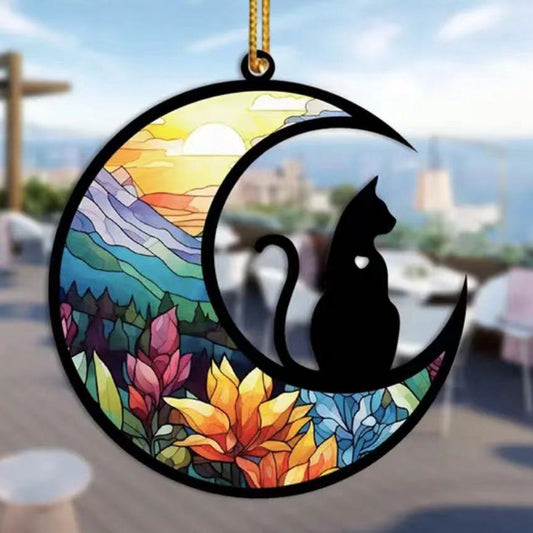 Cat Ornament on String with Sunrise Stained Glass Style - Packed in 10's China - NEW125