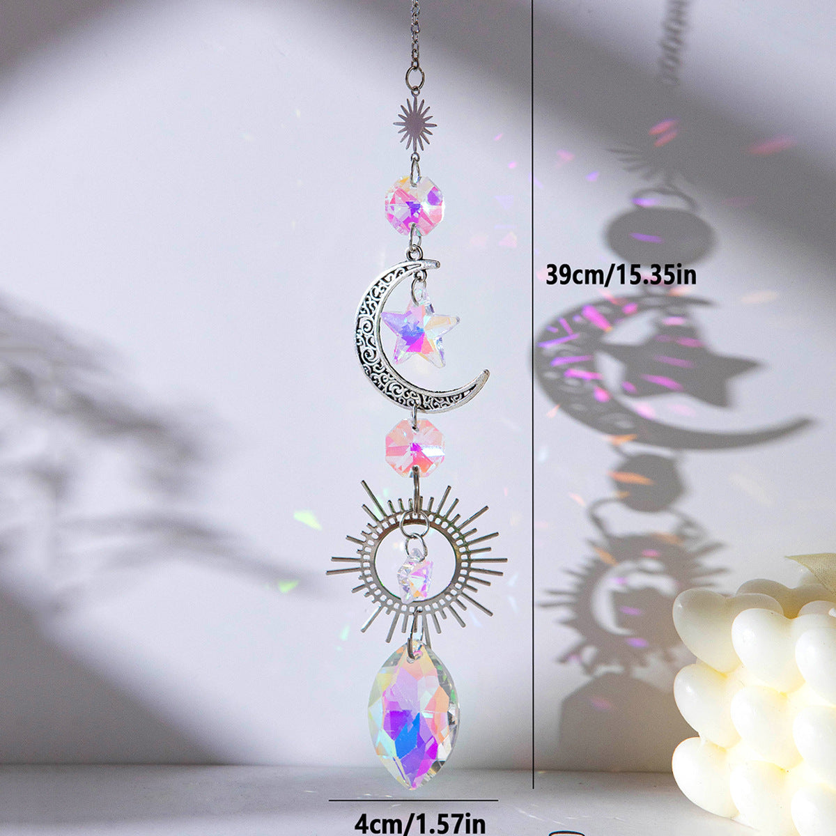 K9 Aura Crystal Hanger Crescent Moon with Sun Suncatcher - Silver - 15 inch - NEW125