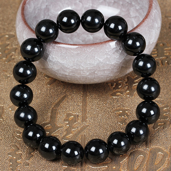 Black Tourmaline Bracelet, Round, October Birthstone - 8mm Beads - Approx 8.5 Inch