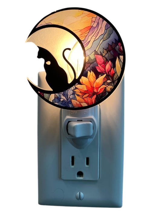Cat with Sunrise Stained Glass Plastic Night Light - Made in Canada - NEW125