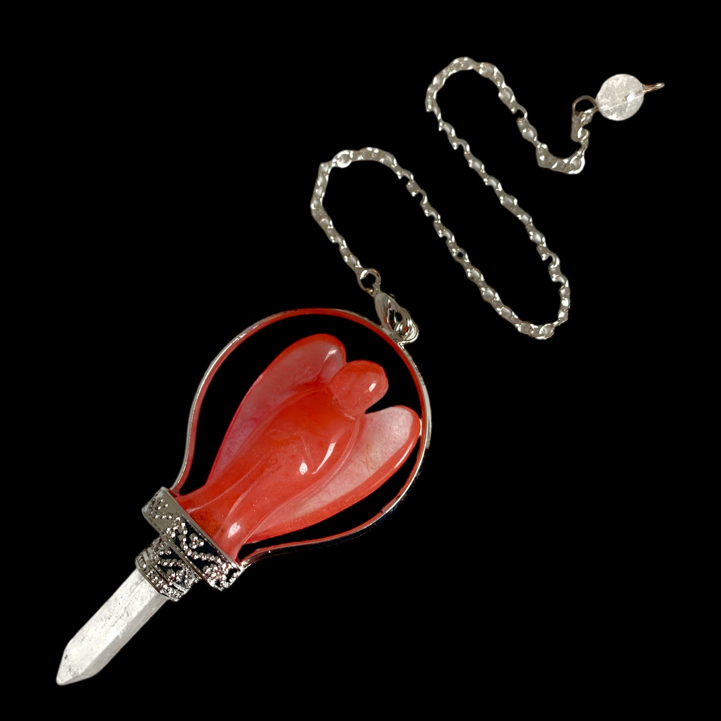 Cherry Quartz Angel Pendulum - Platinum Colour Plated - Synthetic