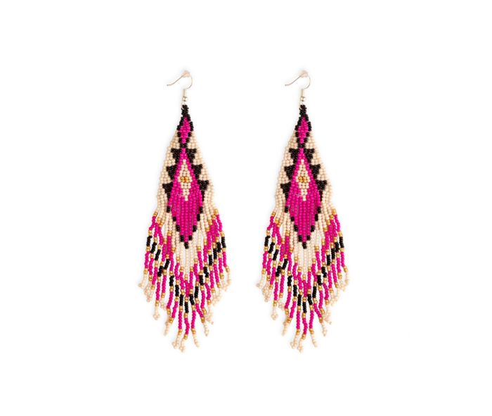 Leh-onaki Glass Beaded Earrings - 3.5 inch Long - magenta, ebony, white, gold - NEW424