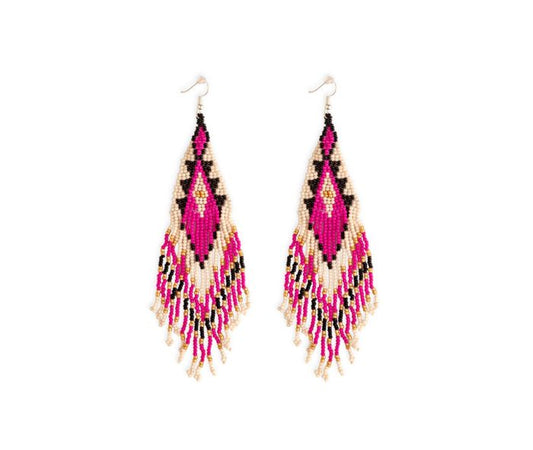 Leh-onaki Glass Beaded Earrings - 3.5 inch Long - magenta, ebony, white, gold - NEW424