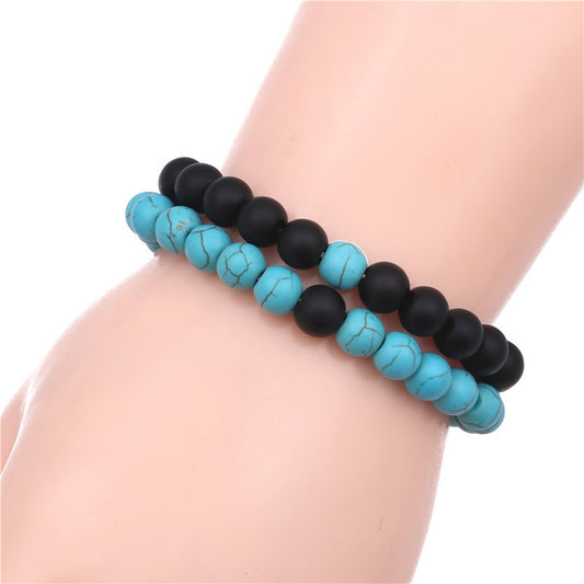 Set of 2 - Gemstone & Wood Bracelet - 8mm  7.5 Inch - Blue Turquoise