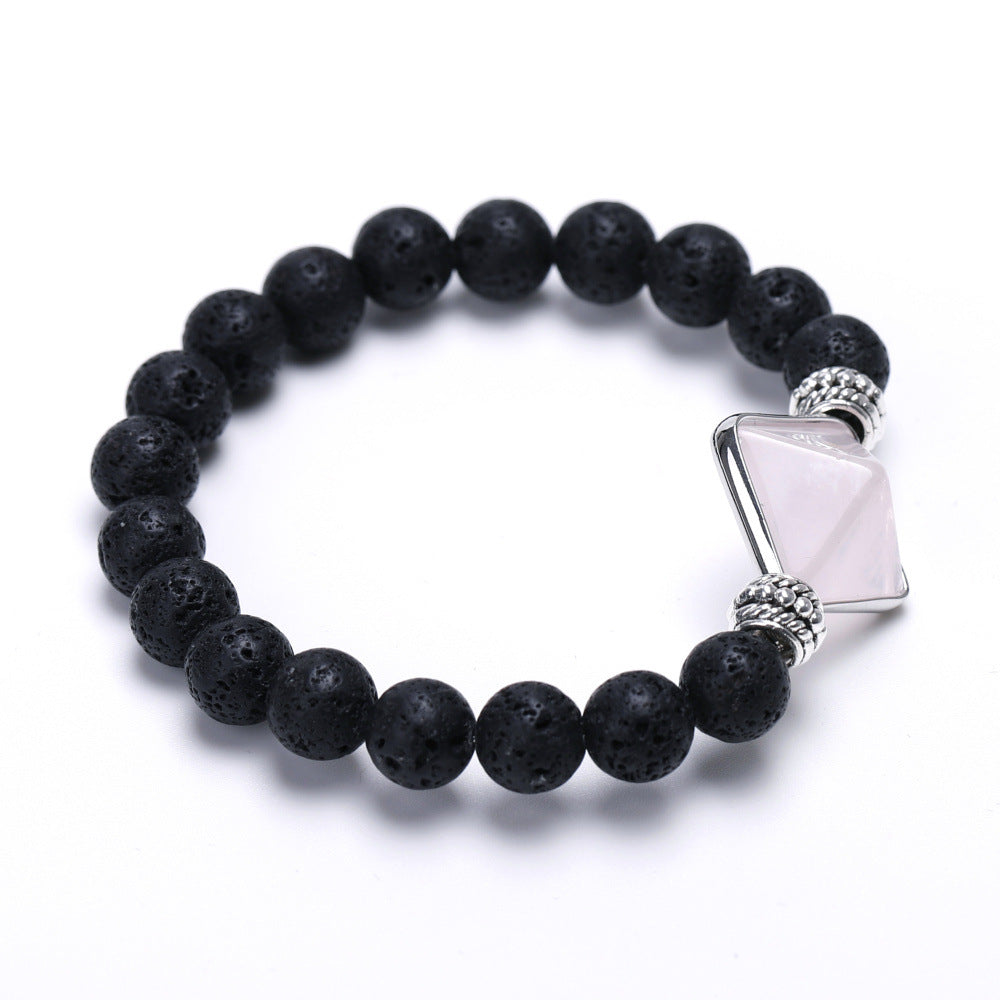 Lava Bead Bracelet with Clear Quartz Pyramid Bead 16mm, Lava Beads 8mm (Approx. 7 Inches)