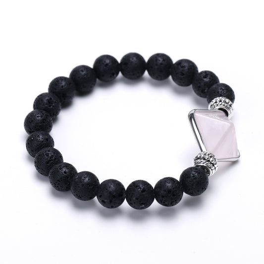 Lava Bead Bracelet with Clear Quartz Pyramid Bead 16mm, Lava Beads 8mm (Approx. 7 Inches)