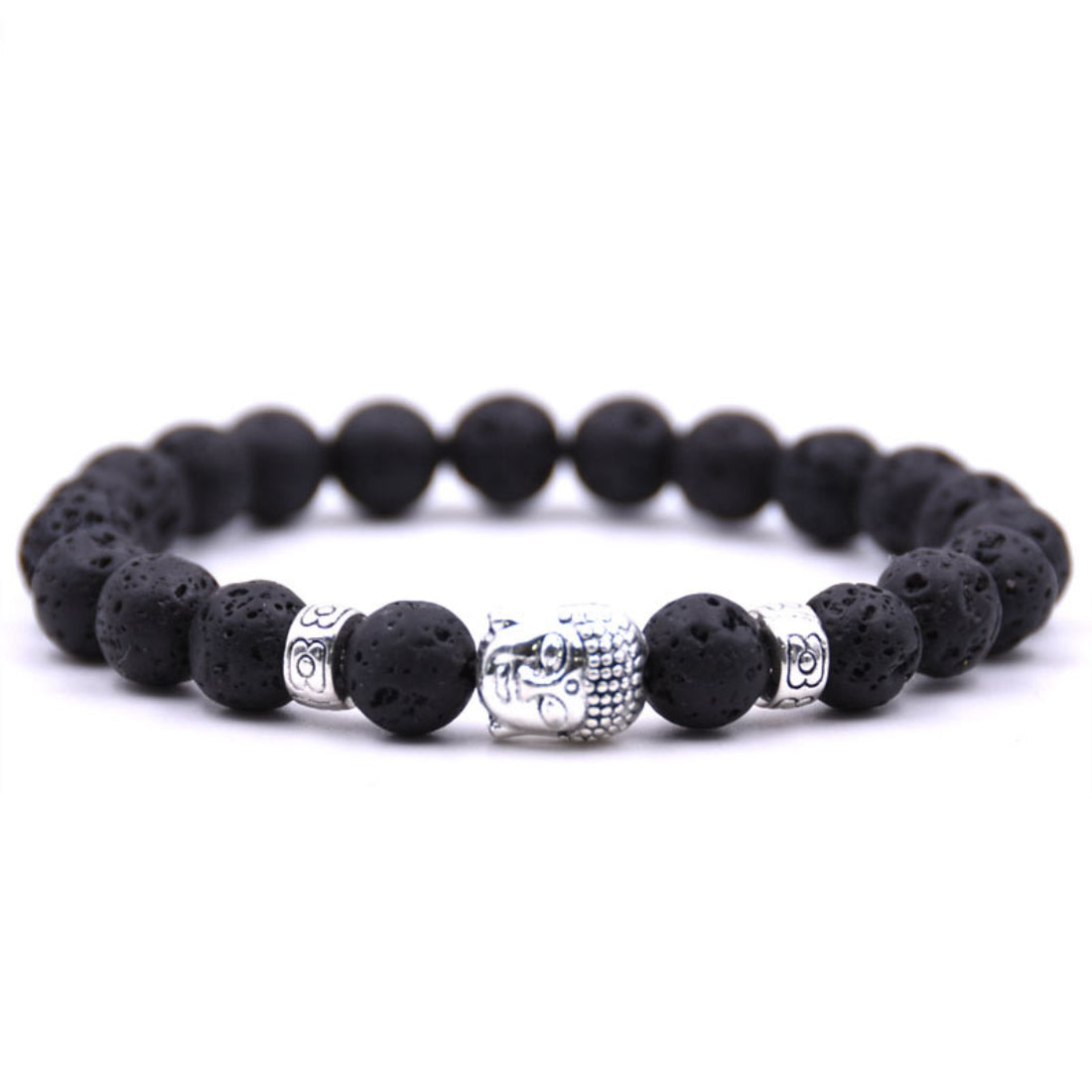 Lava Bracelet with Zinc Alloy Buddha – Antique Silver Color Plated, 8mm Beads (Approx. 7.5 Inches)