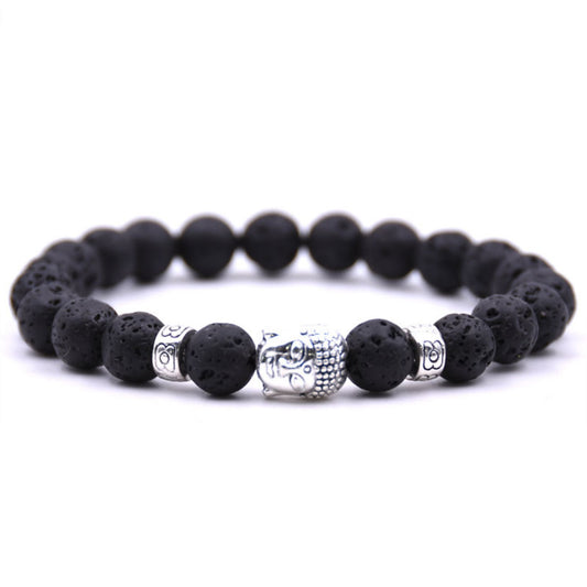 Lava Bracelet with Zinc Alloy Buddha – Antique Silver Color Plated, 8mm Beads (Approx. 7.5 Inches)