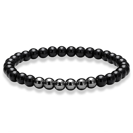 Black Agate Stone Stretch Bracelet with Silver plated Polished Brass - 6mm beads 19cm long - China - NEW125