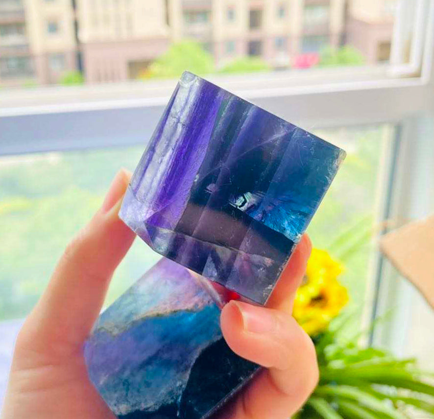 Green & Purple Fluorite Polished Cubes with one corner cut for Standing - 60-80mm - priced per gram - China - New921