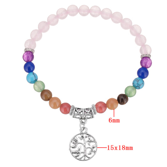 Rose Quartz Bracelet with Mixed Stones & Tree of Life Charm - 6mm Beads -Approx 8 Inch