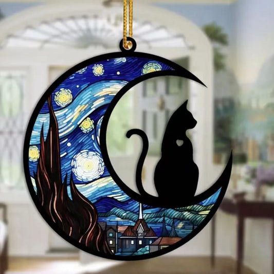 Cat Ornament on String with Blue Sky Stained Glass Style - Packed in 10's China - NEW125