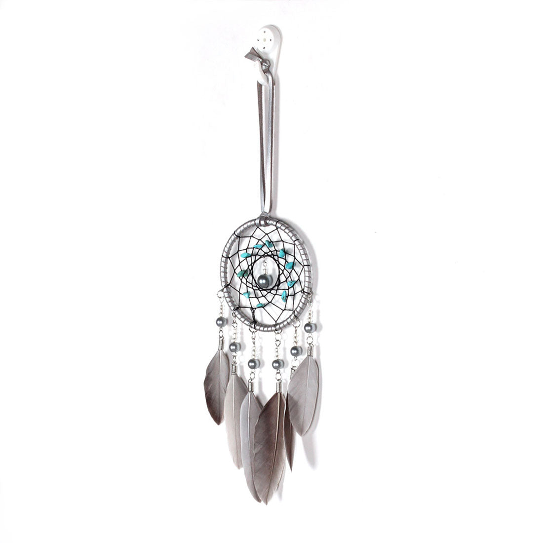 Feather Dream Catcher with Cotton Thread & Velveteen & Synthetic Turquoise & Crystal - Grey - 80 x 320mm