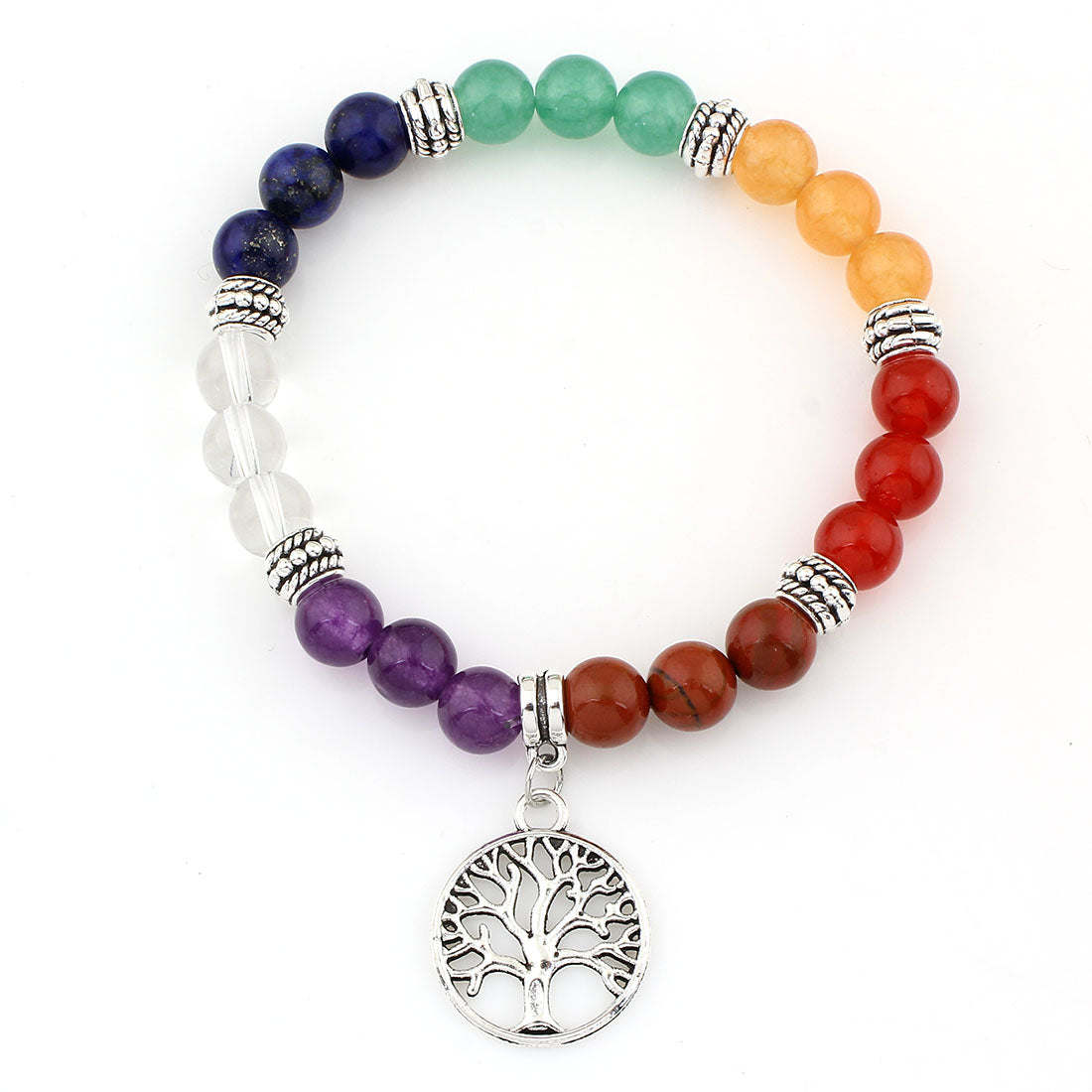 Multi-Coloured Gemstone Bracelet - Tree Of Life Charm - Silver Color Plated - Length 7.5 inch