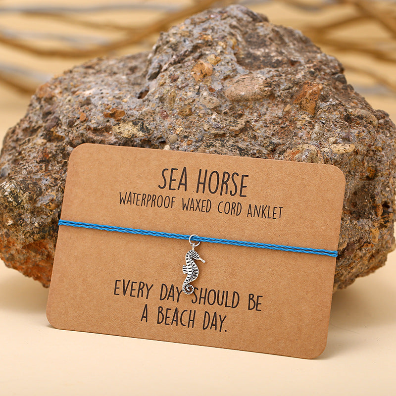 Wax Cord Anklet with Seahorse Charm on Card Zinc Alloy Silver Color Plated - China - NEW922