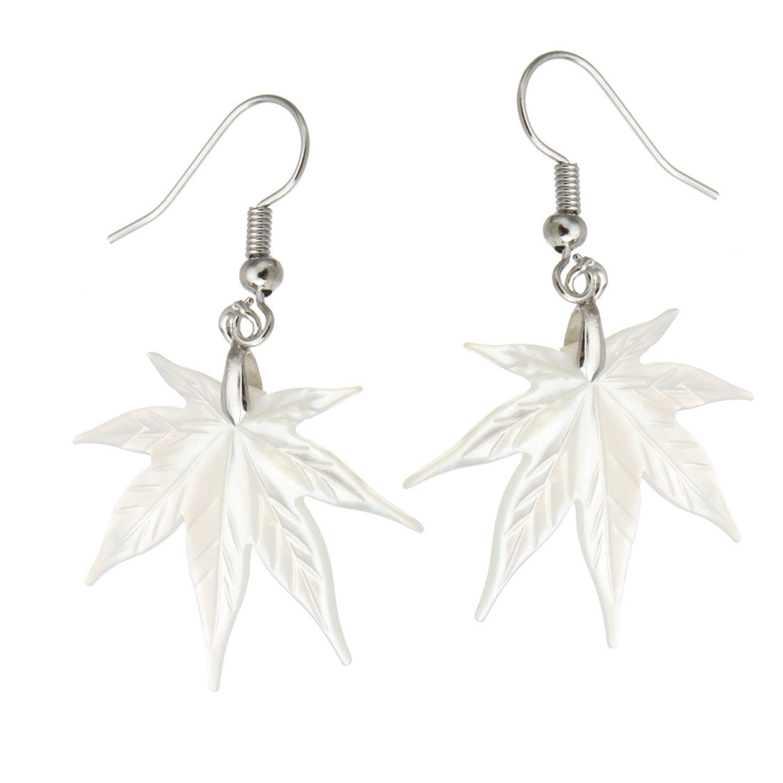 White Maple Leaf MOP Shell Earrings with Brass Loops Silver Plated - 28x44x2mm - China - NEW1122