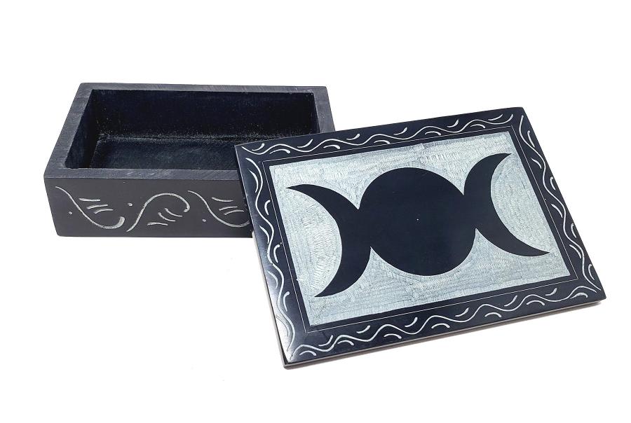 Triple Moon Carved Soap Stone Box - 4 x 6 inch - NEW1222