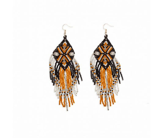 Pecos Mesa Glass Beaded Earrings - 3.75 inch Long - yellow, sandstone, white & ebony - NEW424