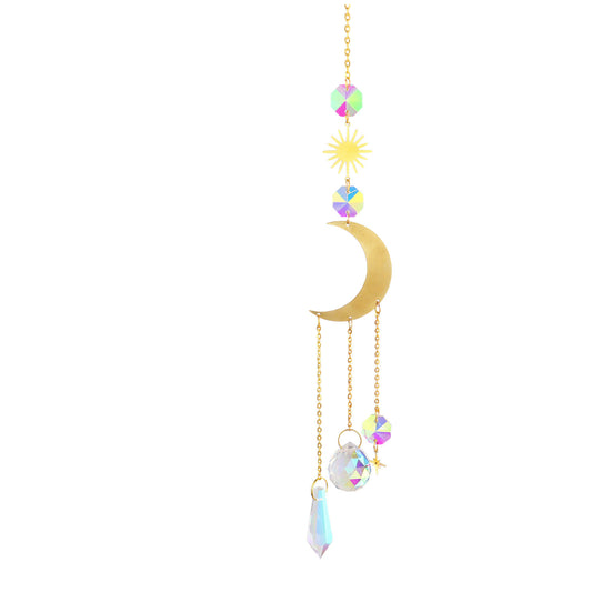 K9 Aura Crystal Hanger   Full & Crescent Moon with Stars Sun Brass - Long 45cm - China - NEW911