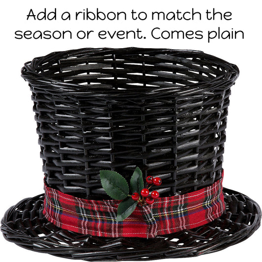 Champagne Top Hat Round Willow Planter Basket - Black - 13 base x 10.5 top x 8 inch deep (No Ribbon) - NEW121