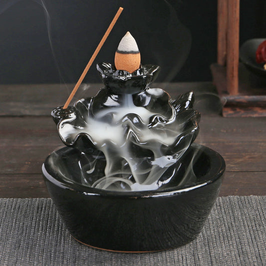 Lotus Endless Circle Backflow Incense Burner Ceramic - Black - 10x10x8cm - NEW424