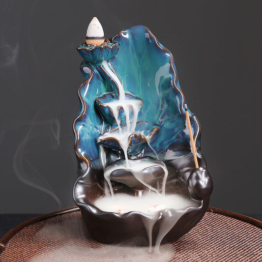 Waterfall Backflow Incense Burner Ceramic - Blue Glaze with Black - 10x9.6x16cm - NEW424