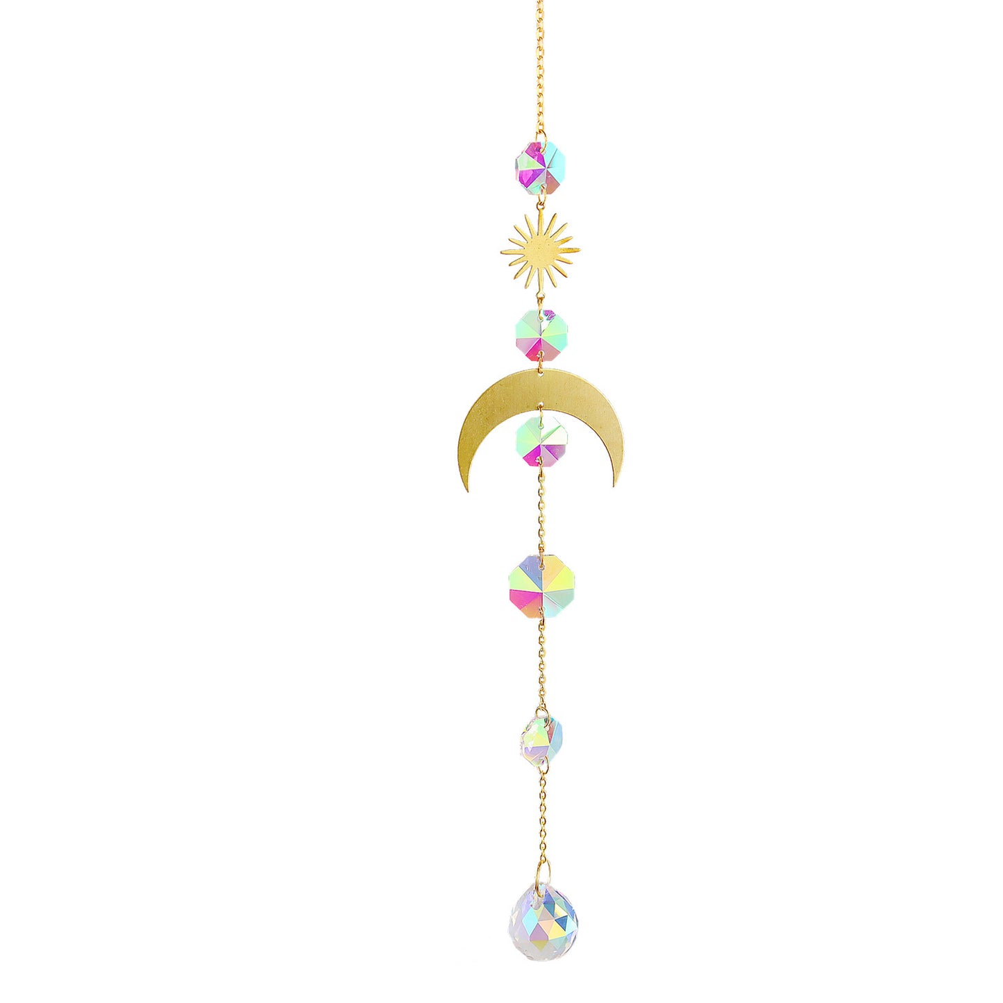 K9 Aura Crystal Hanger  Crescent  Moon with 5 Stars & Sun Brass Color  - Long inch - China - NEW911