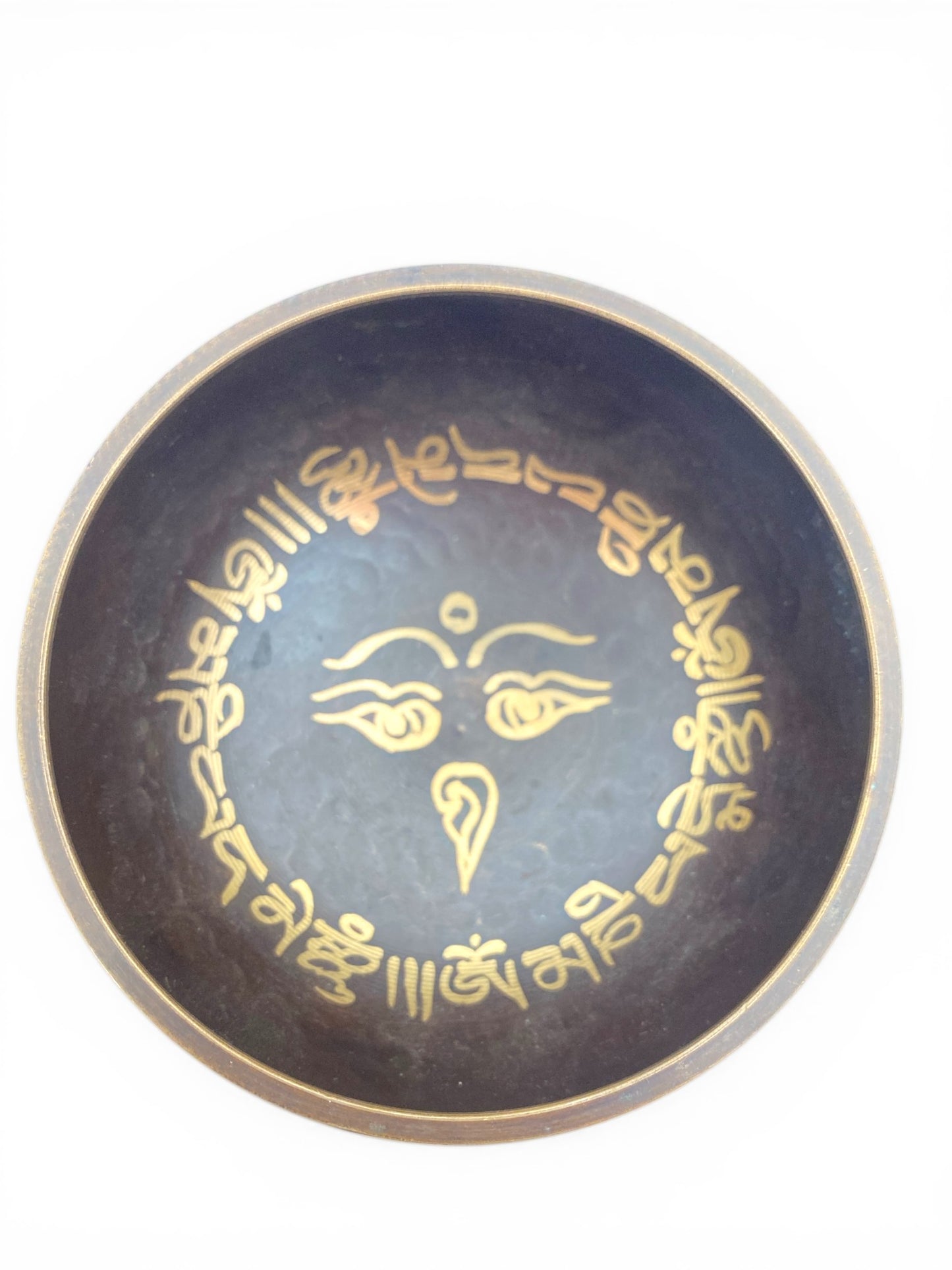 10cm Note F Heart Chakra Hammered Singing Bowl with 3 Lines Buddha Eyes Design & Etching - Size 0- colour Brass & Brown - Nepal