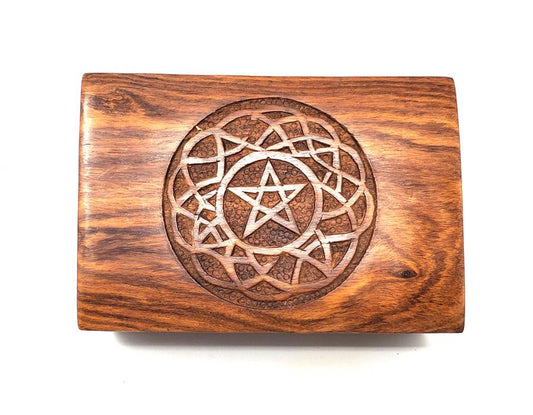 Wooden Carved Boxes - Pentagram in Celtic Circle Design 4 x 6 inch - NEW621