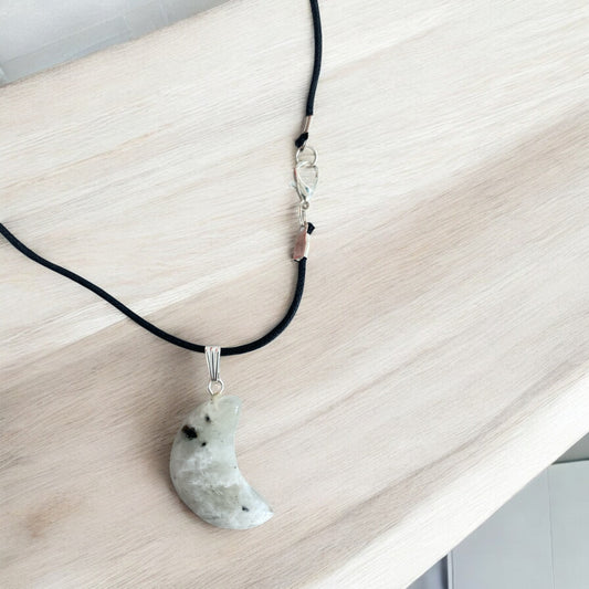 Rainbow Moonstone Moon Pendant 1" with Necklace - NEW225