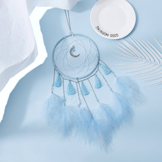 Feather Dream Catcher with Crescent Moon - Velveteen & Chain - Sky Blue - 16 x 50cm - No Lights - NEW423