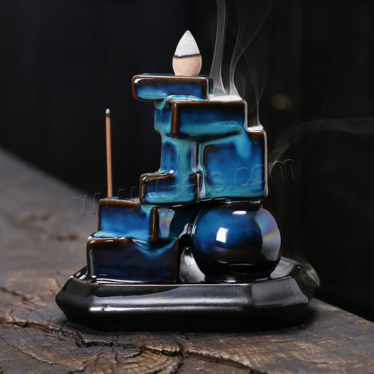 Geo Backflow & Incense Stick Burner Ceramic Blue Half Glazed - 12.4x8.6x12cm - NEW324