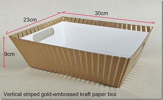 12 x 9 x 3.55 inch Kraft with Gold Strip RECTANGLE Market Trays (12 Case) Fits a 25 x 35 Basket Bag - NEW625