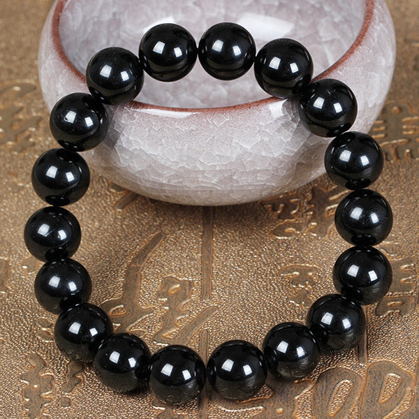 Black Tourmaline Bracelet, Round, October Birthstone  - 8mm Beads - Approx 8.5 Inch