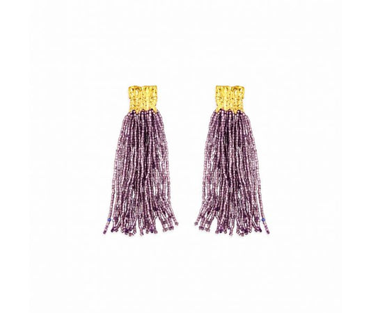 Hearts Passion Glass Beaded Earrings - 3.5 inch Long - Purple & Gold - NEW424