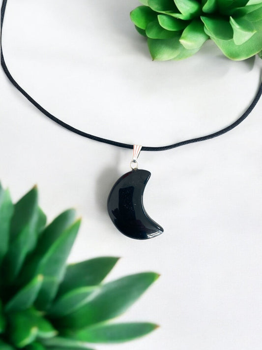 Black Obsidian Moon Pendant 1" with Necklace - NEW225