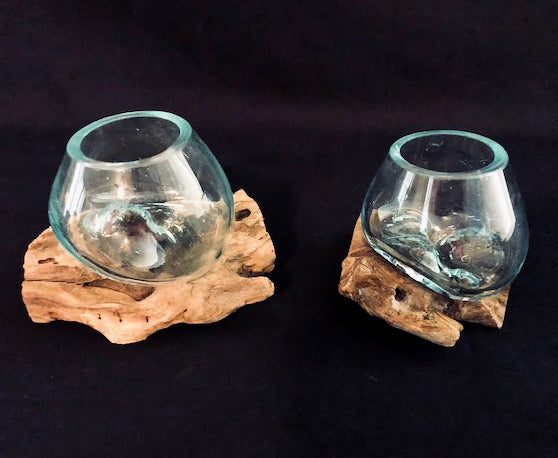HAND BLOWN VASE ON TEAK DRIFTWOOD BASE 4 inch - Each piece is Original
