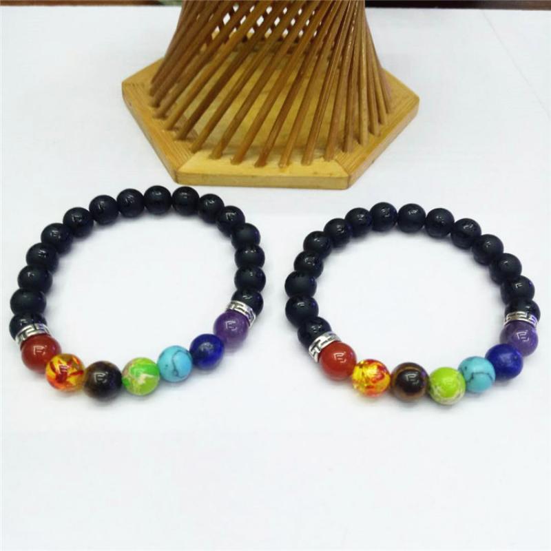 Chakra Gem Stone Bracelet with Black & Silver Bead - 8mm Length 7.5 Inch - NEW521